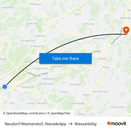Neudorf/Weimershof, Hierzekrëpp to Wasserbillig map