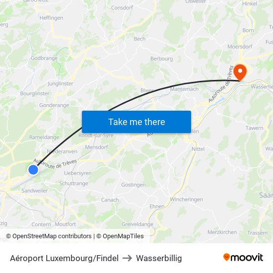 Aéroport Luxembourg/Findel to Wasserbillig map