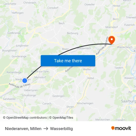 Niederanven, Millen to Wasserbillig map
