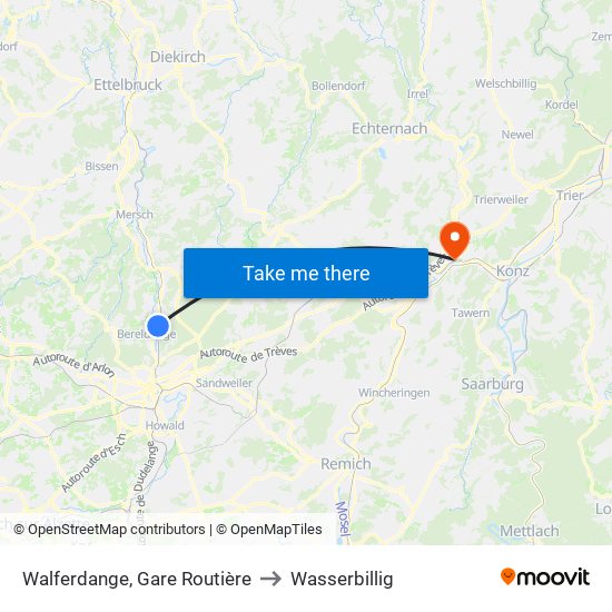 Walferdange, Gare Routière to Wasserbillig map