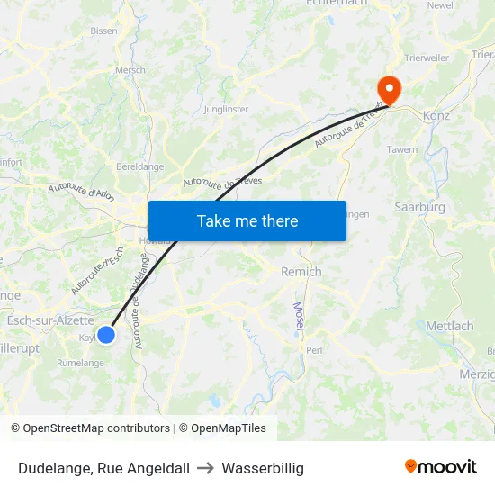 Dudelange, Rue Angeldall to Wasserbillig map