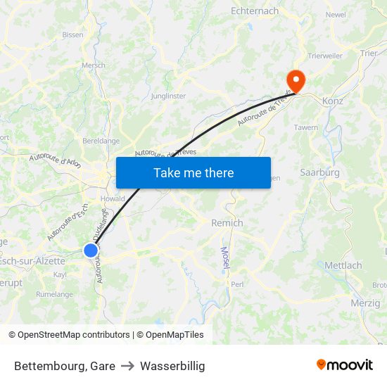 Bettembourg, Gare to Wasserbillig map