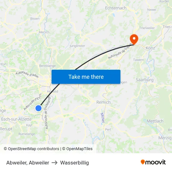Abweiler, Abweiler to Wasserbillig map