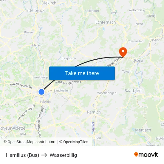 Hamilius (Bus) to Wasserbillig map