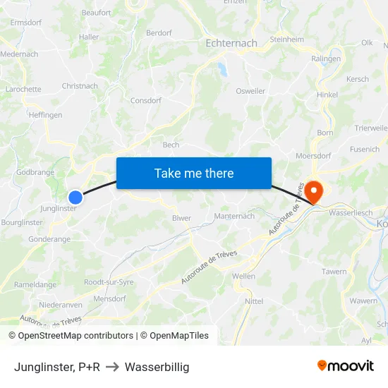 Junglinster, P+R to Wasserbillig map