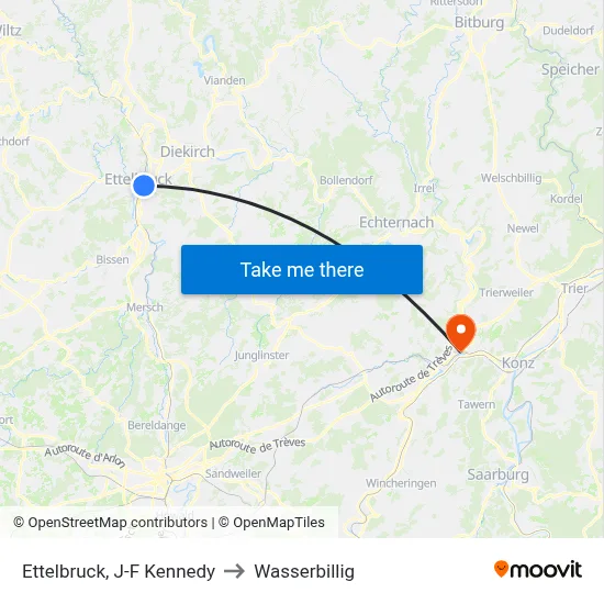 Ettelbruck, J-F Kennedy to Wasserbillig map