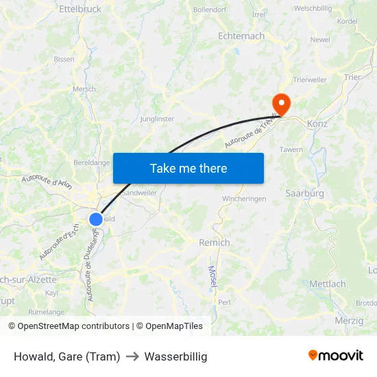 Howald, Gare (Tram) to Wasserbillig map