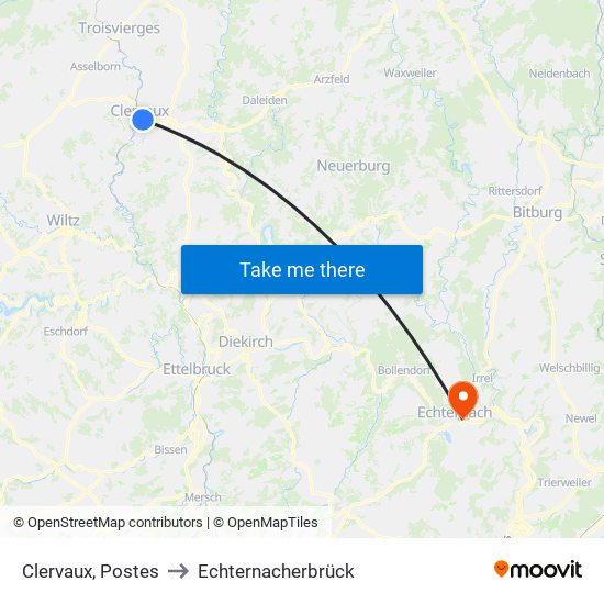 Clervaux, Postes to Echternacherbrück map