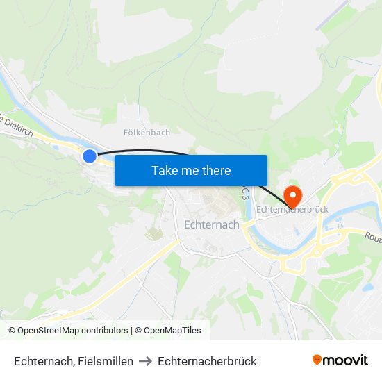 Echternach, Fielsmillen to Echternacherbrück map