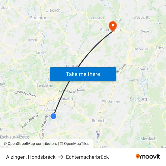Alzingen, Hondsbréck to Echternacherbrück map