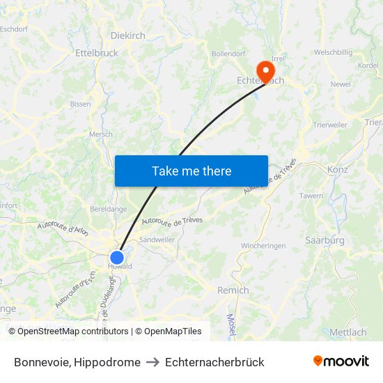 Bonnevoie, Hippodrome to Echternacherbrück map