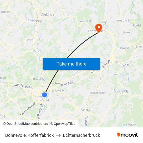 Bonnevoie, Kofferfabrick to Echternacherbrück map