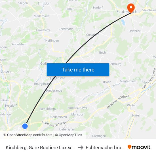 Kirchberg, Gare Routière Luxexpo to Echternacherbrück map