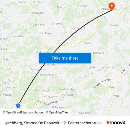 Kirchberg, Simone De Beauvoir to Echternacherbrück map