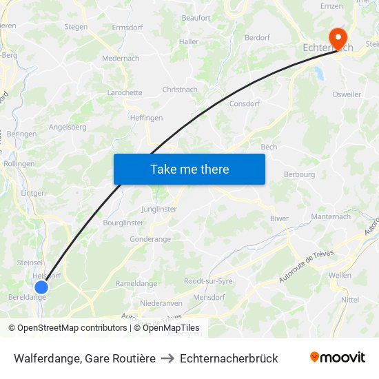 Walferdange, Gare Routière to Echternacherbrück map