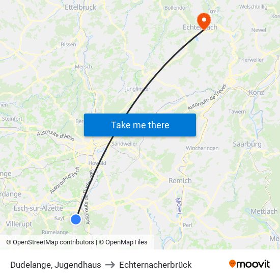 Dudelange, Jugendhaus to Echternacherbrück map