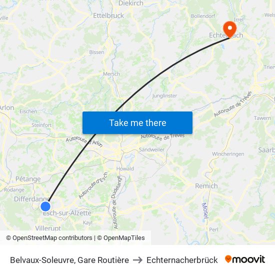 Belvaux-Soleuvre, Gare Routière to Echternacherbrück map