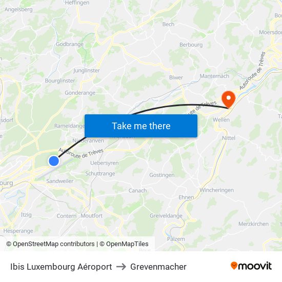 Ibis Luxembourg Aéroport to Grevenmacher map