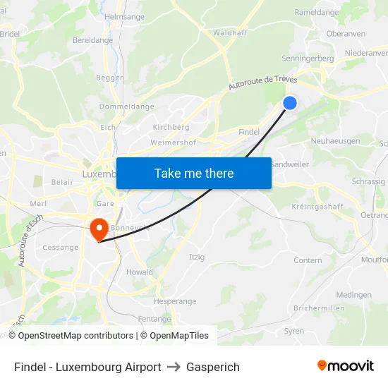 Findel - Luxembourg Airport to Gasperich map