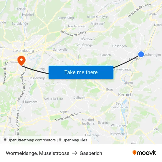 Wormeldange, Muselstrooss to Gasperich map