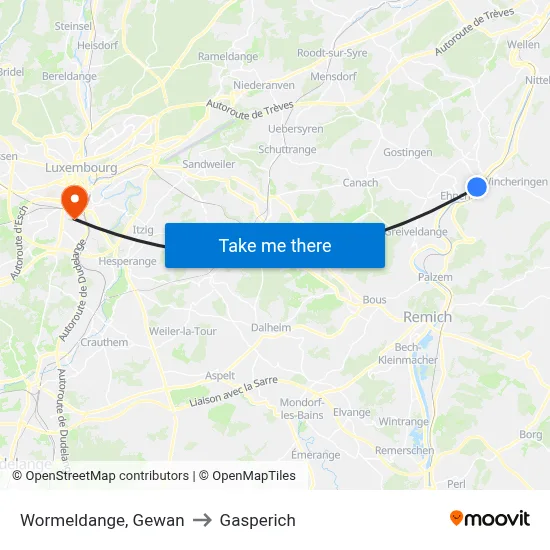 Wormeldange, Gewan to Gasperich map