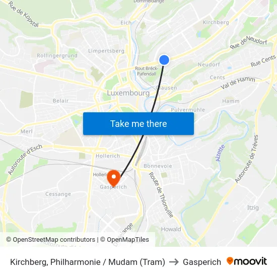 Kirchberg, Philharmonie / Mudam (Tram) to Gasperich map