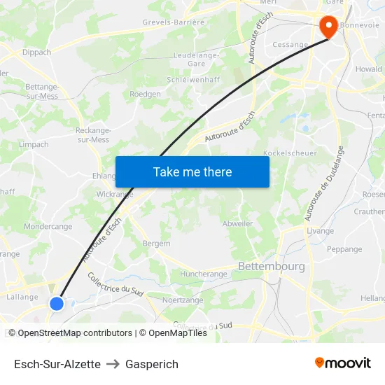 Esch-Sur-Alzette to Gasperich map