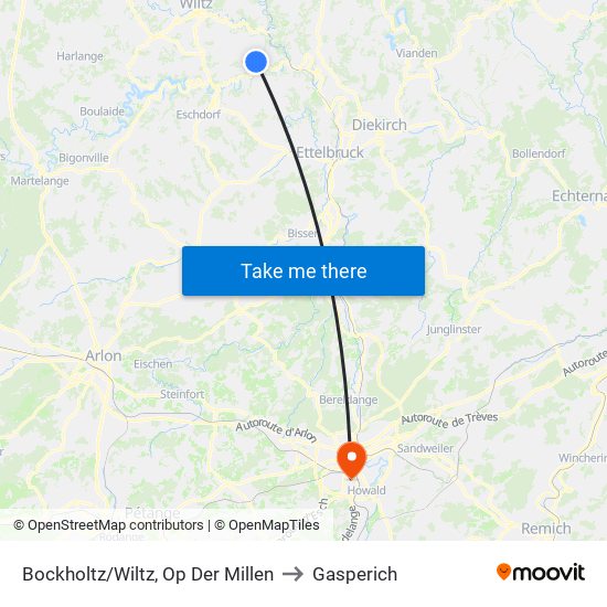 Bockholtz/Wiltz, Op Der Millen to Gasperich map