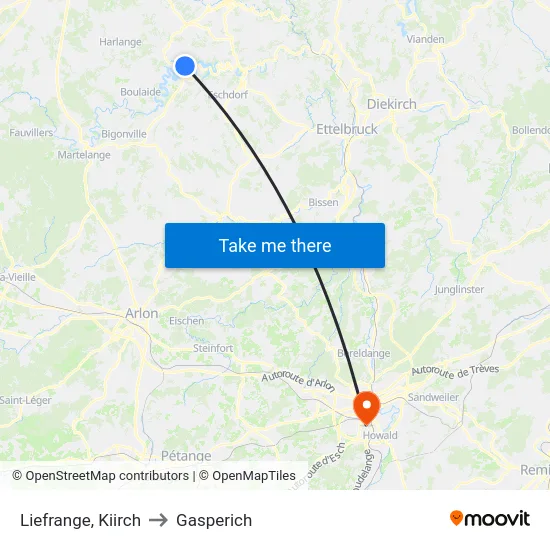 Liefrange, Kiirch to Gasperich map