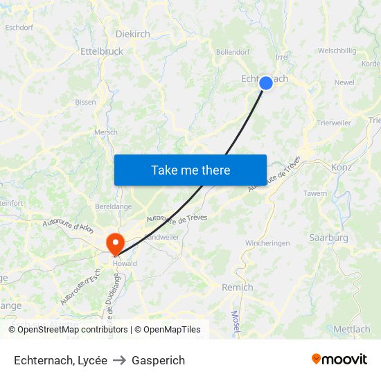 Echternach, Lycée to Gasperich map