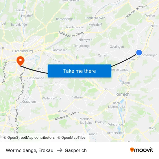 Wormeldange, Erdkaul to Gasperich map