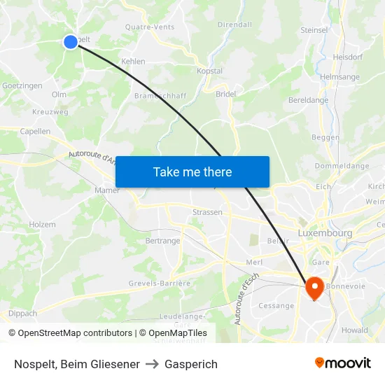 Nospelt, Beim Gliesener to Gasperich map