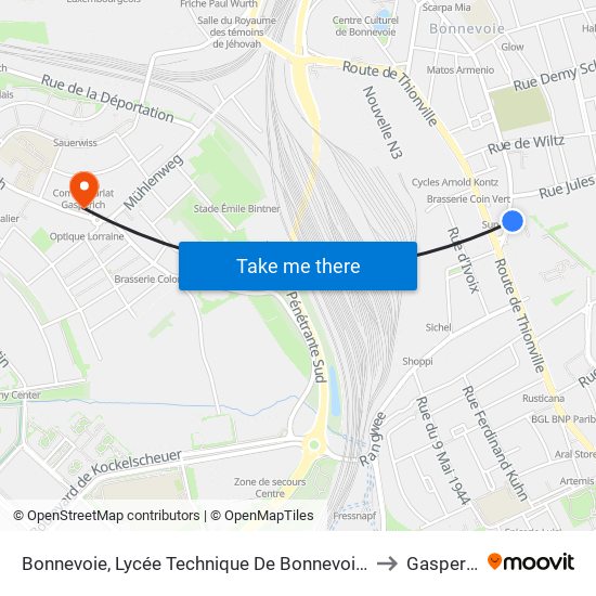 Bonnevoie, Lycée Technique De Bonnevoie/Quais to Gasperich map