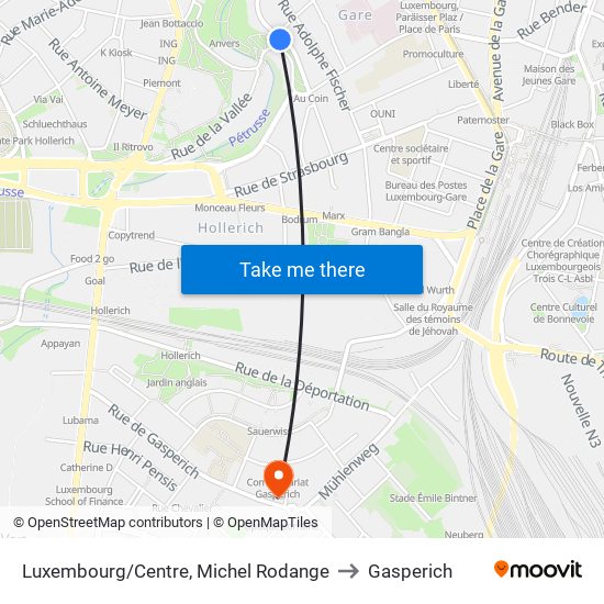 Luxembourg/Centre, Michel Rodange to Gasperich map