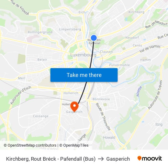 Kirchberg, Rout Bréck - Pafendall (Bus) to Gasperich map