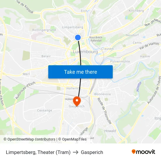 Limpertsberg, Theater (Tram) to Gasperich map