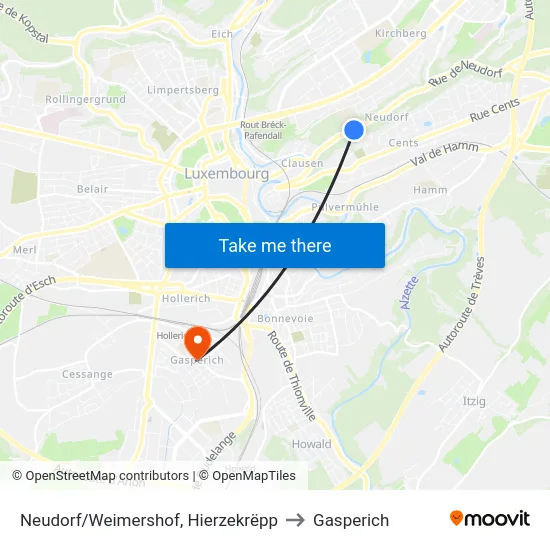 Neudorf/Weimershof, Hierzekrëpp to Gasperich map