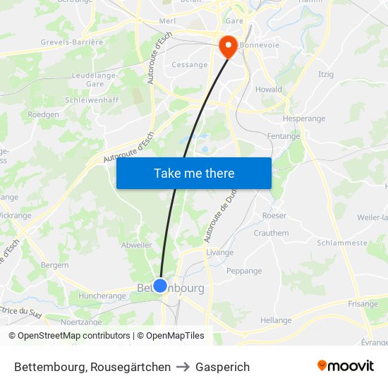 Bettembourg, Rousegärtchen to Gasperich map