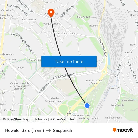 Howald, Gare (Tram) to Gasperich map
