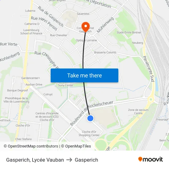 Gasperich, Lycée Vauban to Gasperich map