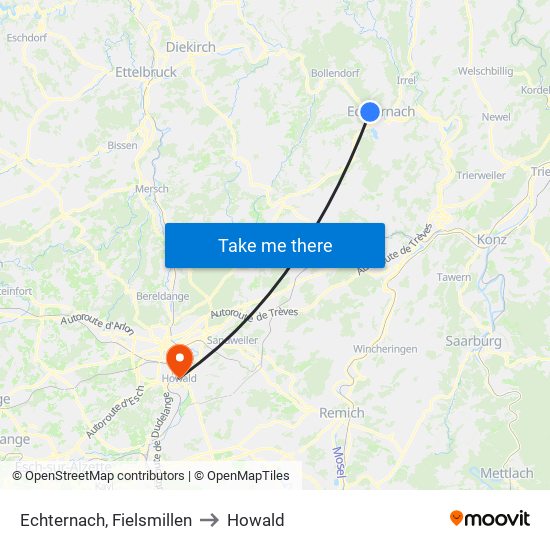 Echternach, Fielsmillen to Howald map