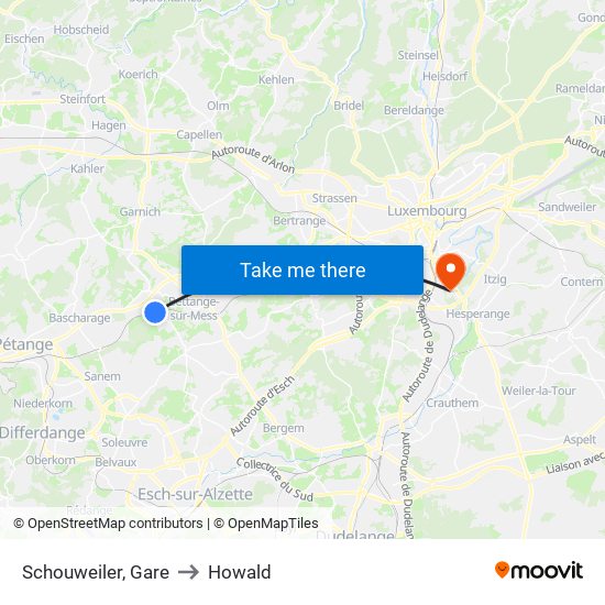 Schouweiler, Gare to Howald map