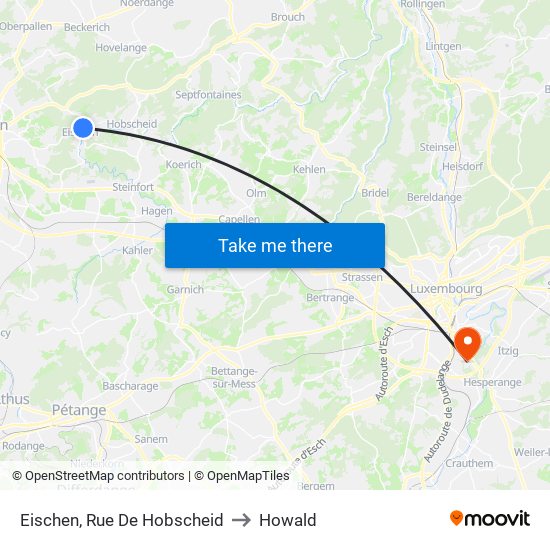 Eischen, Rue De Hobscheid to Howald map