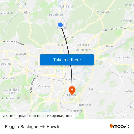 Beggen, Bastogne to Howald map