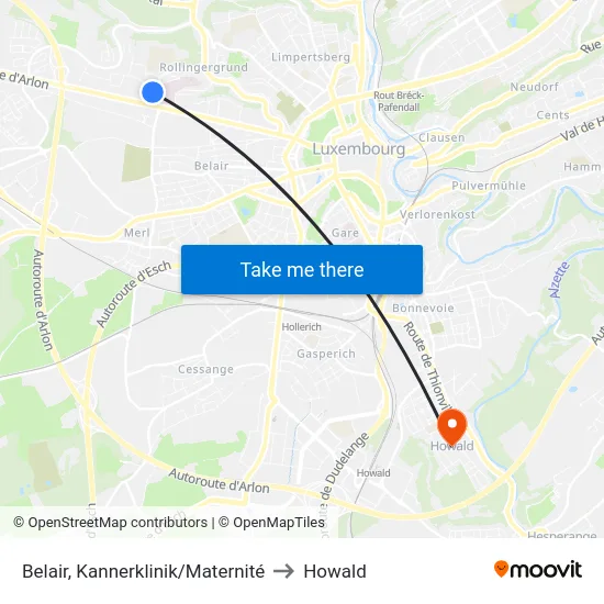Belair, Kannerklinik/Maternité to Howald map