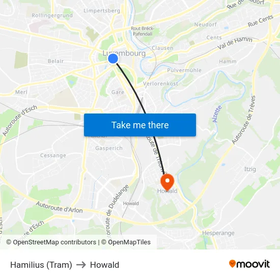 Hamilius (Tram) to Howald map