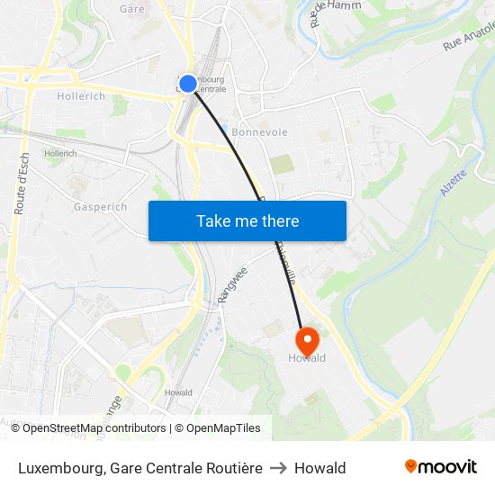 Luxembourg, Gare Centrale Routière to Howald map