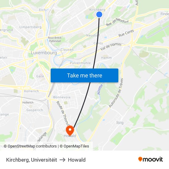 Kirchberg, Universitéit to Howald map