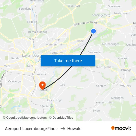 Aéroport Luxembourg/Findel to Howald map