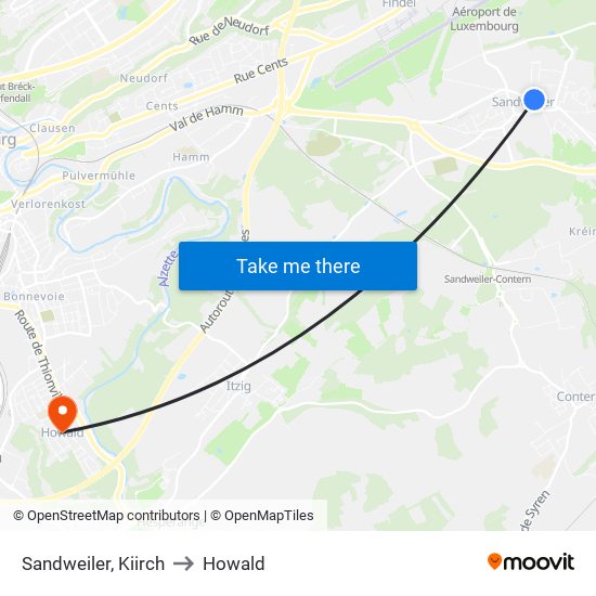 Sandweiler, Kiirch to Howald map